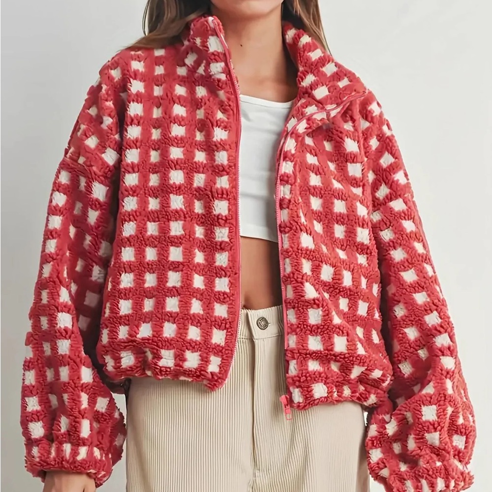 Butter Melon Checkered Teddy Jacket - Picture 2 of 7